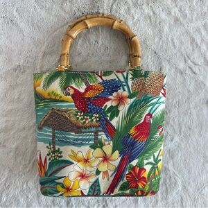 Vintage Tidy Tropical Print Tote Bag with Bamboo Handles Made In The USA